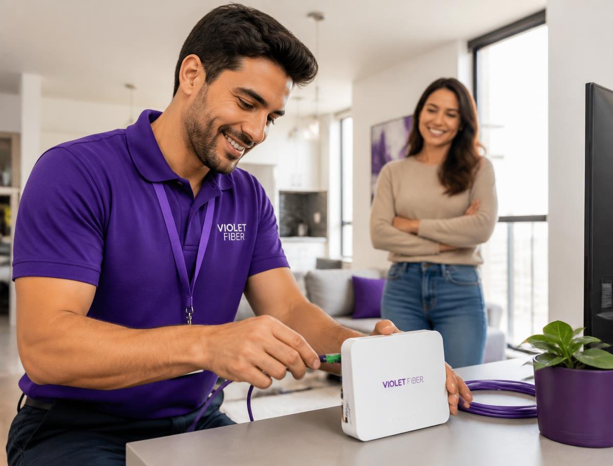 Техник Cellcom подключает роутер Fiber в квартире клиента