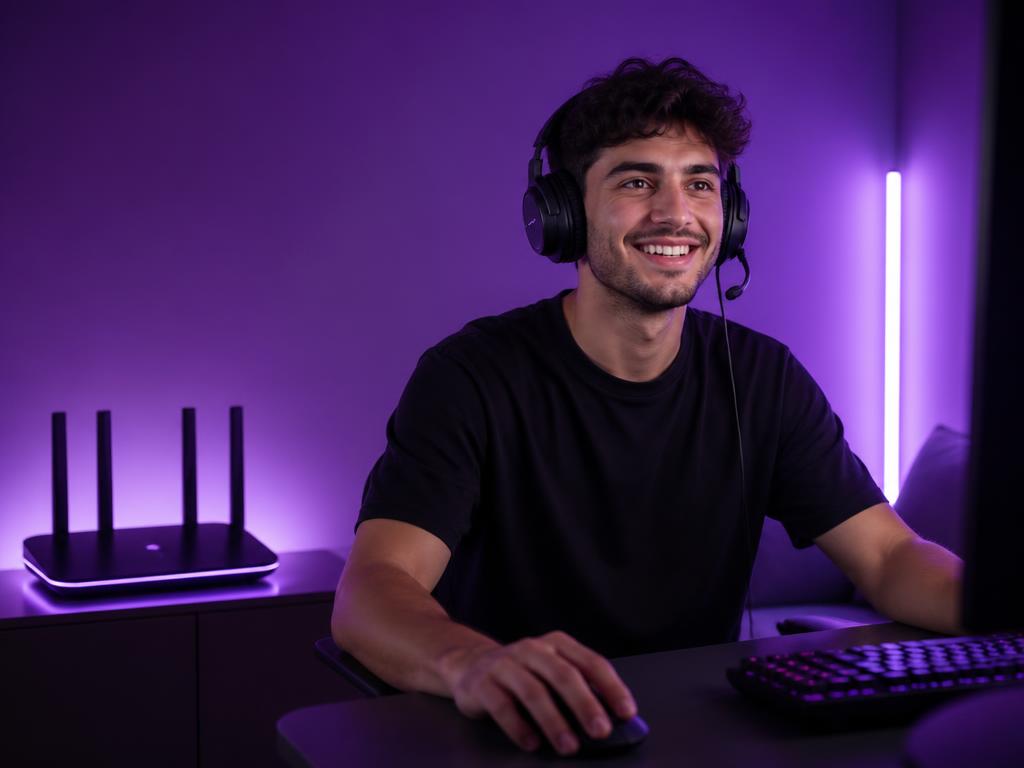 Молодой человек играет в видеоигры дома рядом с роутером Wi-Fi 7